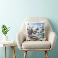 Modern Coastal Beach Lighthouse Throw Pillow