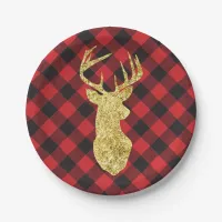 Buffalo Plaid Rustic Gold Deer Paper Plates