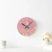 Pretty Colors Watercolor Wildflowers and Monogram Round Clock