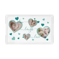 Live Laugh Love Photo Hearts Teal Acrylic Tray