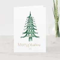 Green Chinoiserie Pagoda Christmas Tree  Card