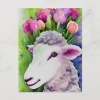 Spring Easter Lamb Floral Watercolor Postcard