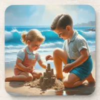 Cute Nostalgic Children at the Beach 50's Era Beverage Coaster