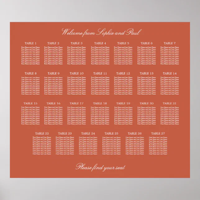 Terracotta 27 Table Wedding Seating Chart Poster