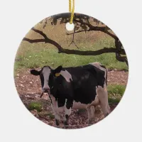 Cute Cow under Tree Country Christmas Ceramic Ornament