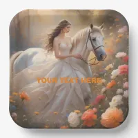 Bride & White Stallion Horse Standing in a Meadow Paper Plates