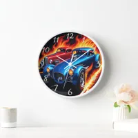 Classic hot rods racing with fiery backgrounds clock