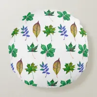 Green and Blue Watercolor Leaves Round Pillow