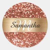 Sparkly Copper Glitter Gold Shimmer Monogram Classic Round Sticker