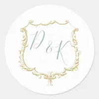 Monogram Crest Gold Dusty blue Wedding Classic Round Sticker