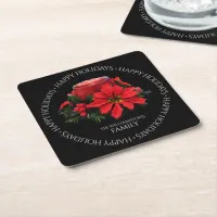 Festive Red Christmas Candle Holly Poinsettias Square Paper Coaster