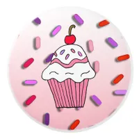 Whimsical Pink Cupcake with Cherry on Top Ceramic Knob