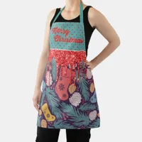 Retro Christmas Print Red Dripping & Gold Glitter Apron