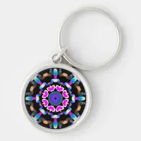 *~* Neon Pink Blue  Mandala on Black Keychain