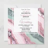 *~*  QR MINT PINK Silver AGATE AR66 RSVP Wedding Invitation