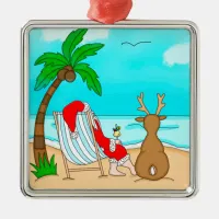 Snowbird Christmas, Santa and Reindeer on Beach   Metal Ornament