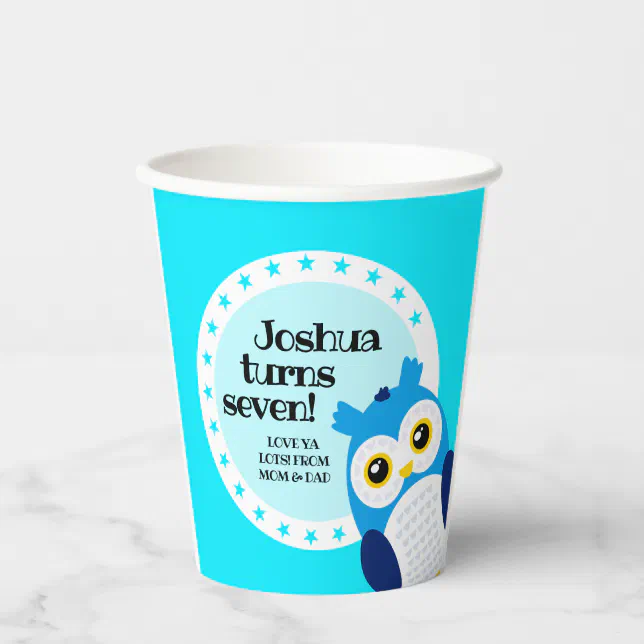 Cute Happy Birthday Boy Blue Owl Paper Cups