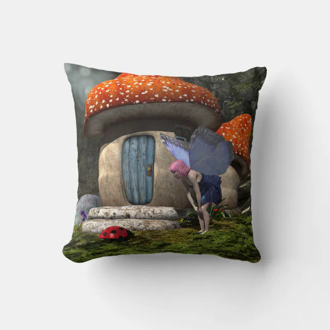 Cute Pink-Haired Fairy Meets Ladybug Throw Pillow