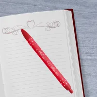 Signature Name White Polka Dots Red Background Pen