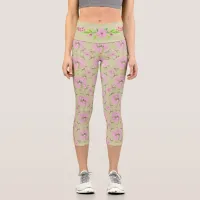 Pink and Green Nostalgic FloralHigh Waisted Capris