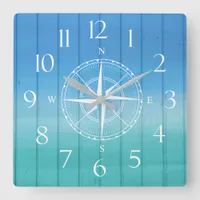 Nautical Ship Compass Blue Wood Texture Square Wall Clock