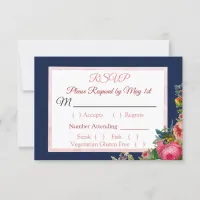 Blue PInk Roses Floral Striped  Wedding RSVP card