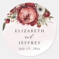 Elegant Boho Burgundy Blush Floral Wedding Classic Round Sticker