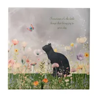 Black Cat in Flowers Ceramic Tile