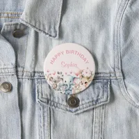 Cute Watercolor Wild Animals Pink Girl Birthday Button