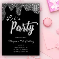 Silver Glitter Black Girly Birthday Party Invitation