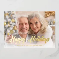 Casual Modern Script Happy Holidays Photo Foil Holiday Card