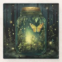 Magical Woodland Fireflies and Monarch in a Jar Glass Coaster