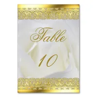 Gold Lace on White Rose Wedding Table Number