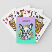 Boston Terrier surrounded by Flowers Personalized Poker Cards