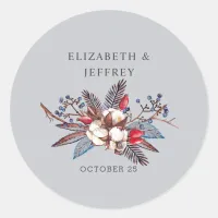 Winter Cotton Dusty Blue Red Berries Wedding Classic Round Sticker