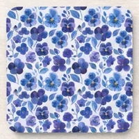 Watercolor Style Pansies Purple Blue Floral Print Beverage Coaster