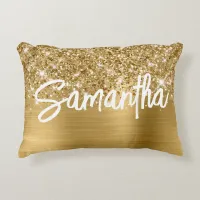 Glittery Gold Glam Brush Script Name Accent Pillow