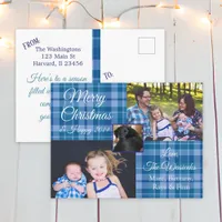 Merry Christmas Family Photo Blue Plaid Postcard