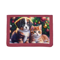 Cute puppy and cat under Christmas tree Trifold Wallet