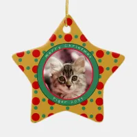 Cute Cat Green Red Gold Christmas Star Ceramic Ornament