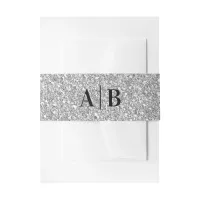 Silver Grey Faux Glitter Wedding Monogram Invitation Belly Band