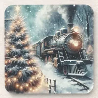 Old-Fashioned Train and Vintage Winter Scene Beverage Coaster