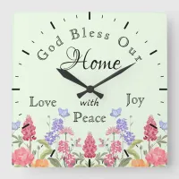 God Bless Our Home Floral Wildflowers Green Square Wall Clock