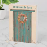 Southwest Chile Wreath on Rustic Blue Door Wooden Box Sign