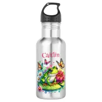 Personalized Frog, Flowers and Butterflies Stainless Steel Water Bottle