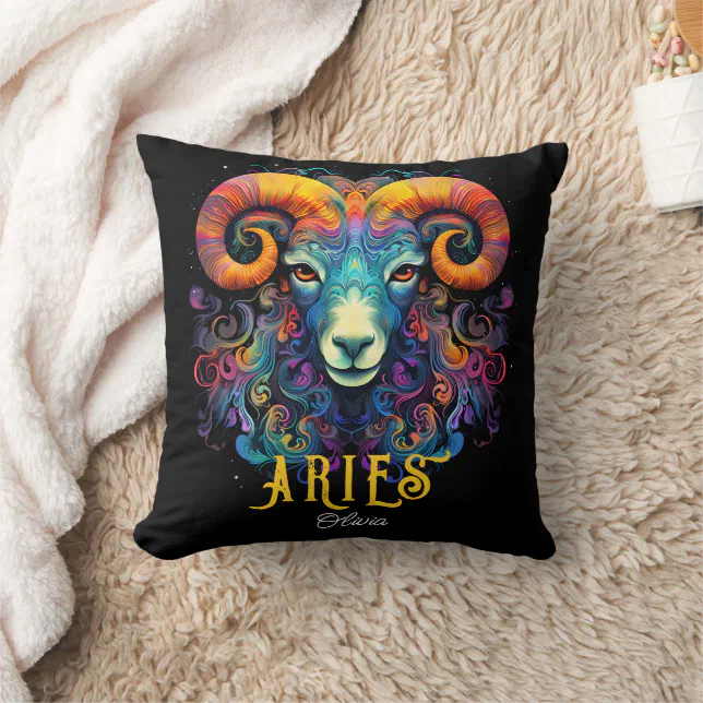 Psychedelic Art Aries Zodiac Name  Throw Pillow