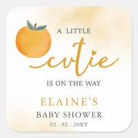 A Little Cutie Is On The Way Orange Baby Shower  Square Sticker