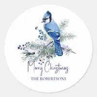 Watercolor Christmas Blue Jay Winter Holiday Classic Round Sticker