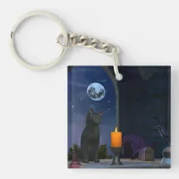 Cute Black Cat Staring at a Candle Keychain