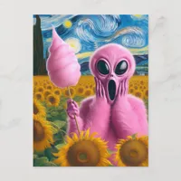 Screaming Alien Holding Cotton Candy Sunflowers Postcard